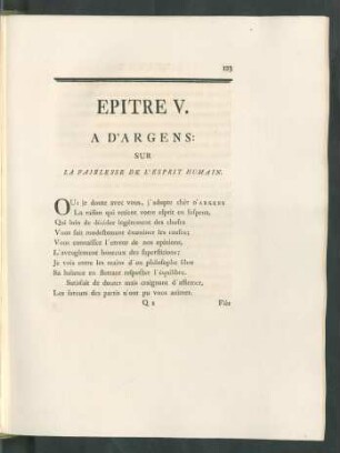 Epitre V. A D'Argens: Sur La Faiblesse De L'Esprit Humain.