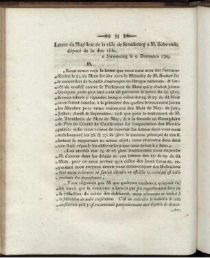 Lettre du Magistrat de la ville de Strasbourg a M. Schwendt, député de la dite ville.