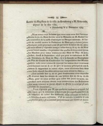 Lettre du Magistrat de la ville de Strasbourg a M. Schwendt, député de la dite ville.