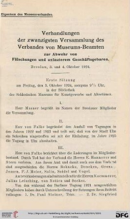 20: Verhandlungen der ... Versammlung des Verbandes von Museums-Beamten zur Abwehr von Fälschungen und Unlauterem Geschäftsgebaren