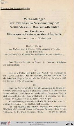 20: Verhandlungen der ... Versammlung des Verbandes von Museums-Beamten zur Abwehr von Fälschungen und Unlauterem Geschäftsgebaren