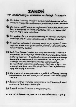 Gesetz zur Wahrung der Rechte der sorbischen Bevölkerung : "Gesetz zur Wahrung der Rechte der sorbischen Bevölkerung", Tafel mit acht Paragraphen in sorbischer Sprache vom 23. März 1948