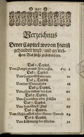 Verzeichnis Derer Capitel wovon hierin gehandelt wird / und an welchem Blat solche zu finden seyn