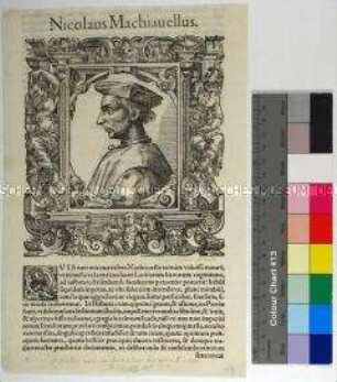 Porträt des florentinischen Schriftstellers, Philosophen und Politikers Niccolò Machiavelli mit allegorischem Beiwerk