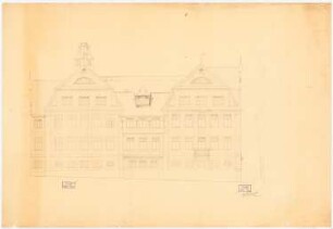 Wohn- und Geschäftshaus Breite Straße 1 - 5, Lübeck: Aufriss Ansicht zum Jacobi-Friedhof (ohne Maßstab); Vertikalschnitt der Fassade (ohne Maßstab)