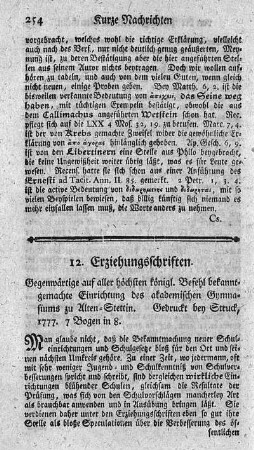 Gegenwärtige auf allerhöchsten königlichen Befehl bekanntgemachte Einrichtung des akademischen Gymnasiums zu Alten-Stettin.