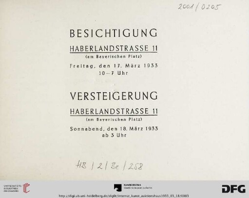 Kunstbesitz und Wohnungseinrichtung, Haberlandstr. 11 (am Bayerischen Platz) : [Versteigerung: 18. März 1933]