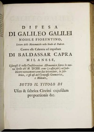 Difesa Di Galileo Galilei Nobile Fiorentino.
