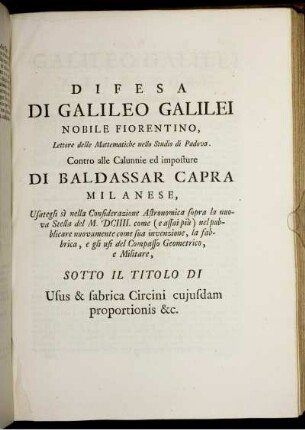 Difesa Di Galileo Galilei Nobile Fiorentino.