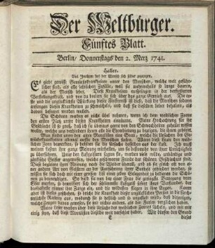 Fünftes Blatt. Berlin, Donnerstags den 2. Merz 1741.