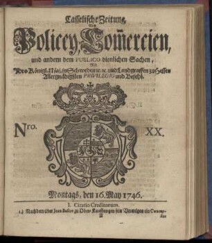 Nro. XX, Montags, den 16. May 1746