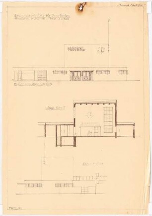 Empfangsgebäude an einer Vorortbahn Monatskonkurrenz Mai 1929: Aufriss Vorderansicht, Seitenansicht, Längsschnitt 1:100