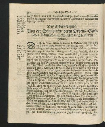 Das Andere Capitel. Von der Schuldigkeit deren Ordens-Geistlichen Männlichen Geschlechts die Clausur zu halten.
