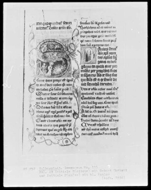 Brevier, Ms. 115, folio 49, Initiale S(citote) mit Geburt Christi und Initiale P(aulus) mit heiligem Paulus