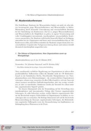 The silence of organizations. How organizations cover up wrongdoings : Akademiekonferenz vom 9. bis 10. Oktober 2019