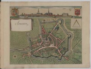 Stadtplan und Ansicht von Armentieres in Frankreich, koloriertes Kupferstich, 1649 : Armentieraus. - [Ca. 1:5 000] . - [Amsterdam] : [Joannes Blaeu], [1649]. - 1 Plan u. 1 Ansicht : Kupferstich. ; 47,8 x 38,2 cm (Karte und Ansicht). - Mit zwei Wappen. - Aus Blaeus Städtebuch von 1649