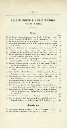 Table des matières par ordre méthodique (Tome VII, 3° série).