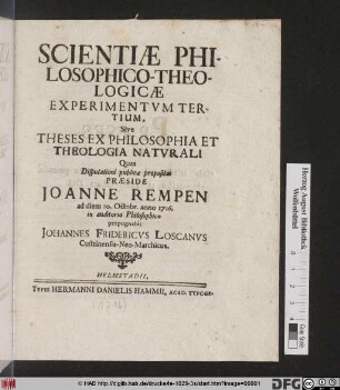 ... Experimentvm Tertium ... ad diem 10. Octobr. anno 1716. ...