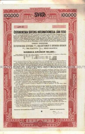 7% Österreichische Staatsanleihe Schuldverschreibung über 100.000 Schwedische Kronen, Blankette