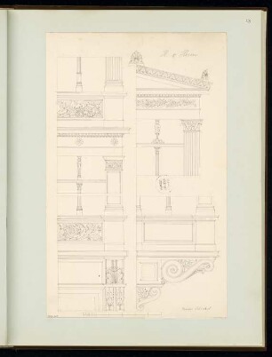 Erker Monatskonkurrenz November 1863: Aufriss Seitenansicht, untere Wandstütze, Vorderansicht des Giebels (teilweise); Maßstabsleiste