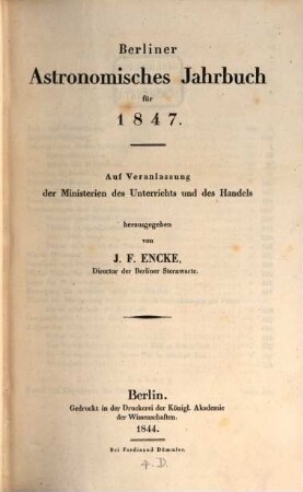 Berliner astronomisches Jahrbuch. 1847 = Bd. 72 (1844)