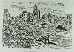 Ruinenlandschaft : Ruinenlandschaft. Aus der Folge: 1945 - un Dresden gesehen. Holzschnitt; 280 x 415 mm. 1945