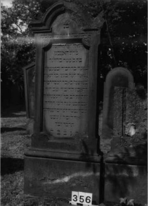 Grabstein 356 (Index: 99629857) Material: Sandstein Zustand: leicht abgeblätt/wenig Textverlust Maße HxBxT: 169x55x18 cm Beschreibung: St. auf Sock. m. eingezog. Rundbogenabschl. m. Verdach/Schriftfeld rechteck. eingetieft Symbolik: Akroterien am Abschluß, Eckblüten am Schriftfeld: Grabstein 356