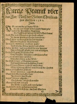 Kurtze Practick uber das Jar/ Nach der Geburt Christi unsers Erlösers 1580. Jars.