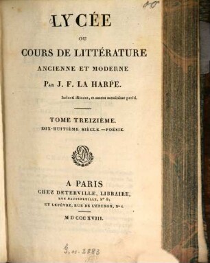 Lycée ou cours de littérature ancienne et moderne, 13. Dix-huitième siècle: Poésie