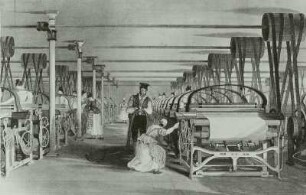Websaal mit mechan. Webstühlen, Großbritannien, um 1835