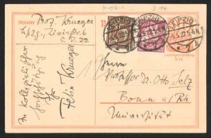 [Postkarte von Felix Krueger an Otto Selz vom 05. Mai 1922]
