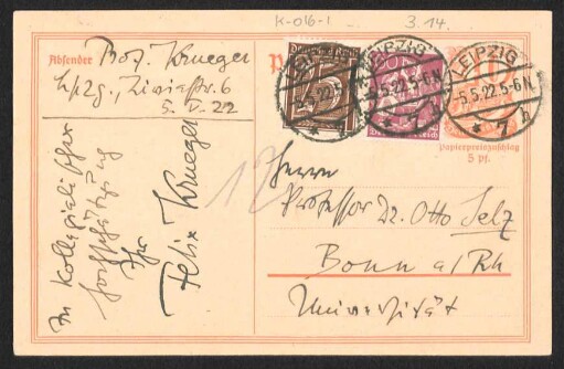 [Postkarte von Felix Krueger an Otto Selz vom 05. Mai 1922]