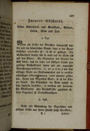 Zweyter Abscnitt. Ueber Gesundheit und Krankheit, Geburt, Leben, Alter und Tod.