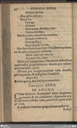 Curatio XXXIX. [Curatio XL.] De Angina