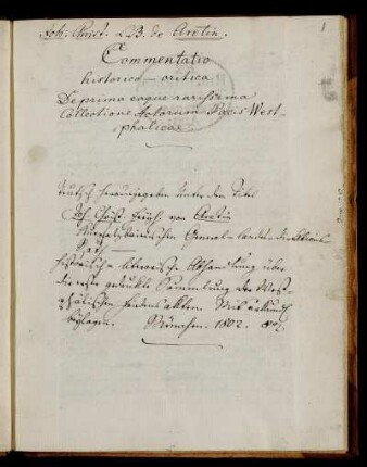 Commentatio historico-critica de prima eaque rarissima collectione actorum pacis Westphalicae (Manuskripttitel), Ohne Ort, 1780 - 1799