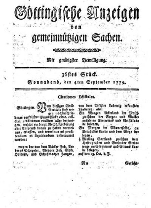 36tes Stück. Sonnabend, den 4ten September 1779.