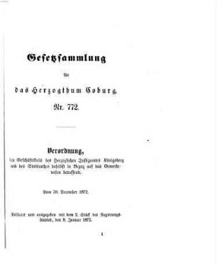 Gesetz-Sammlung für das Herzogtum Coburg. 1873 = Nr. 772 - 784