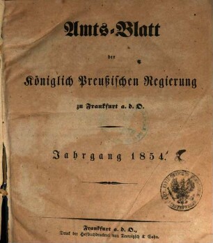 Amtsblatt der Regierung zu Frankfurt a.d. Oder. 1854