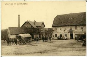 Piskowitz. Gasthof Zum goldenen Lamm mit Pferdefuhrwerk