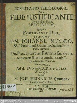 Disputatio theologica, de fide justificante