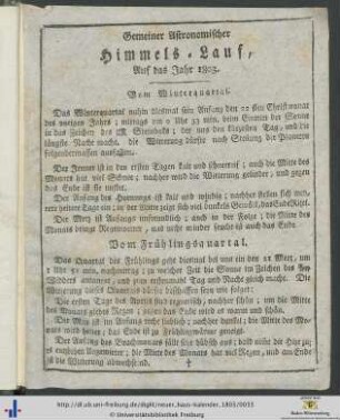 Gemeiner Astronomischer Himmels-Lauf, Auf das Jahr 1803.
