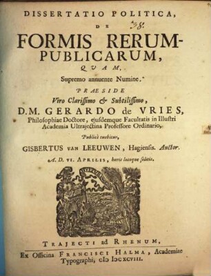 Dissertatio Politica, De Formis Rerumpublicarum