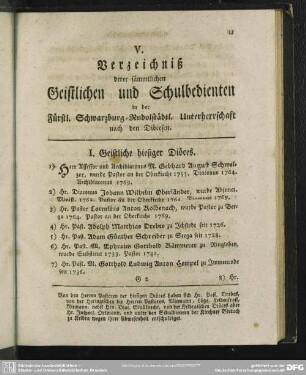 V. Verzeichniß derer sämmtlicehn Geistlichen und Schulbedienten in der Fürstl. Schwarzburg-Rudolstädtl. Unterherrschaft nach den Diöcesen