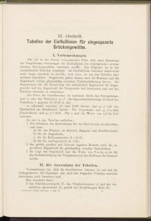 III. Abschnitt. Tabellen der Einflußlinien für eingespannte Brückengewölbe.