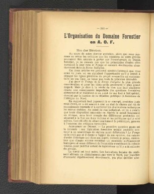 L'Organisation du Domaine Forestier en A.O.F.