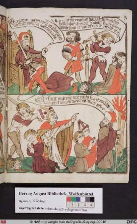 Oben: Der Tod der beiden Zeugen (Offenb. 11). Unten: Das Wunderzeichen des Antichrist (Offenb. 13,13).