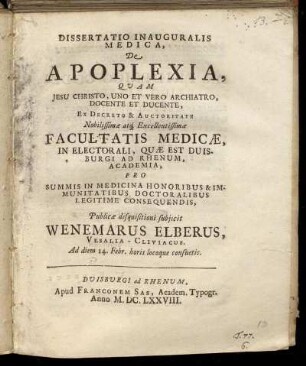 Dissertatio Inauguralis Medica, De Apoplexia