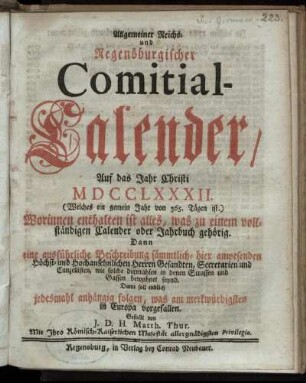 1782: Allgemeiner Reichs- und Regensburgischer Comitial-Calender, Auf das Jahr Christi MDCCLXXXII