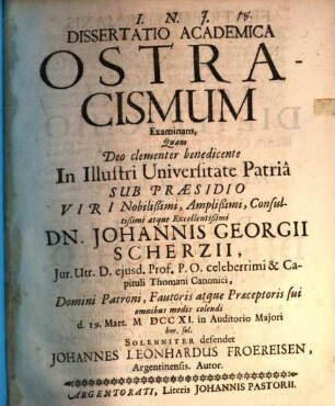 Dissertatio Academica Ostracismum Examinans