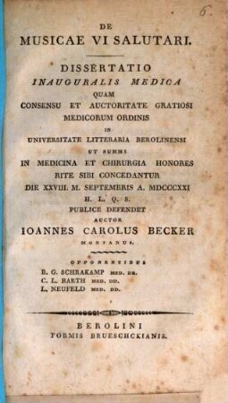 De musicae vi salutari : Diss. inaug. med.
